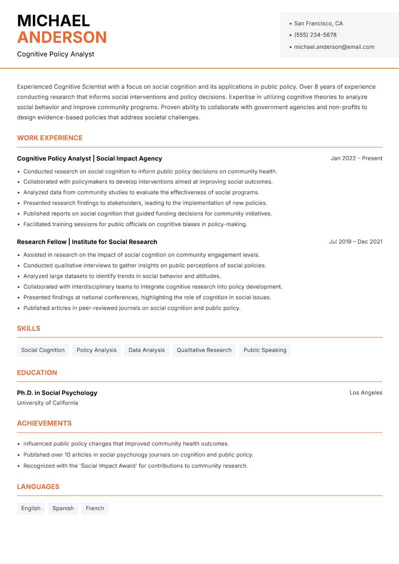 Cognitive Scientist resume sample — Cognitive Policy Analyst focus