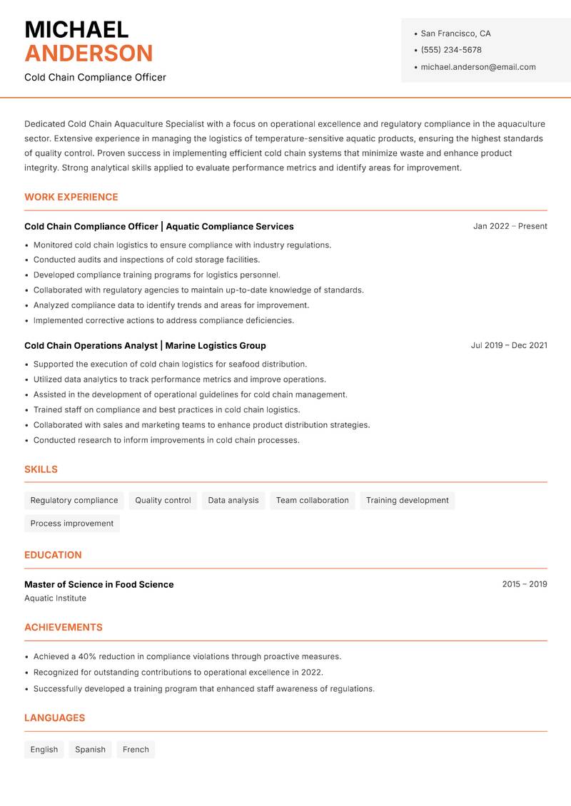 Cold Chain Aquaculture Specialist resume sample — Cold Chain Compliance Officer focus