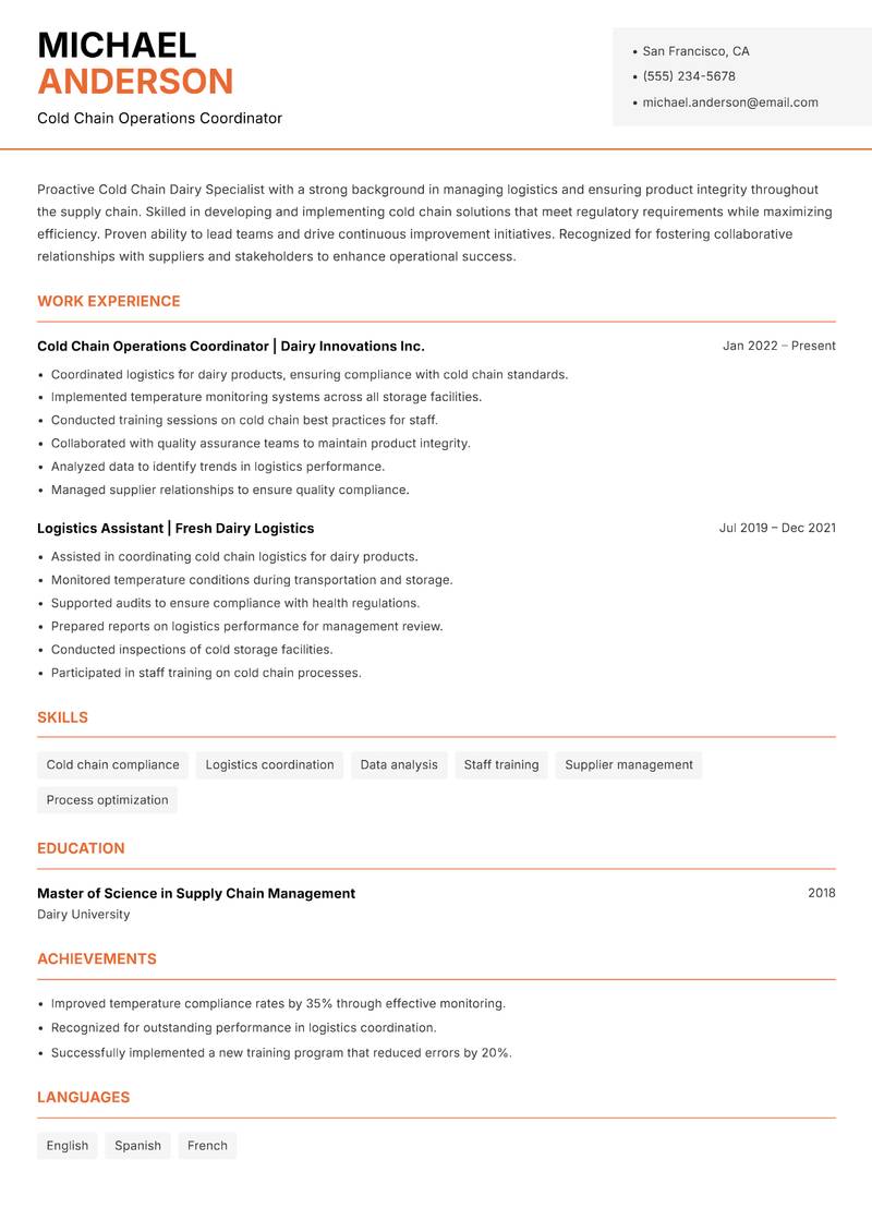 Cold Chain Dairy Specialist resume sample — Cold Chain Operations Coordinator focus