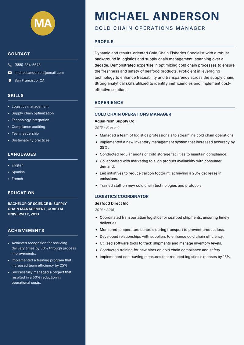 Cold Chain Fisheries Specialist resume sample — Cold Chain Operations Manager focus