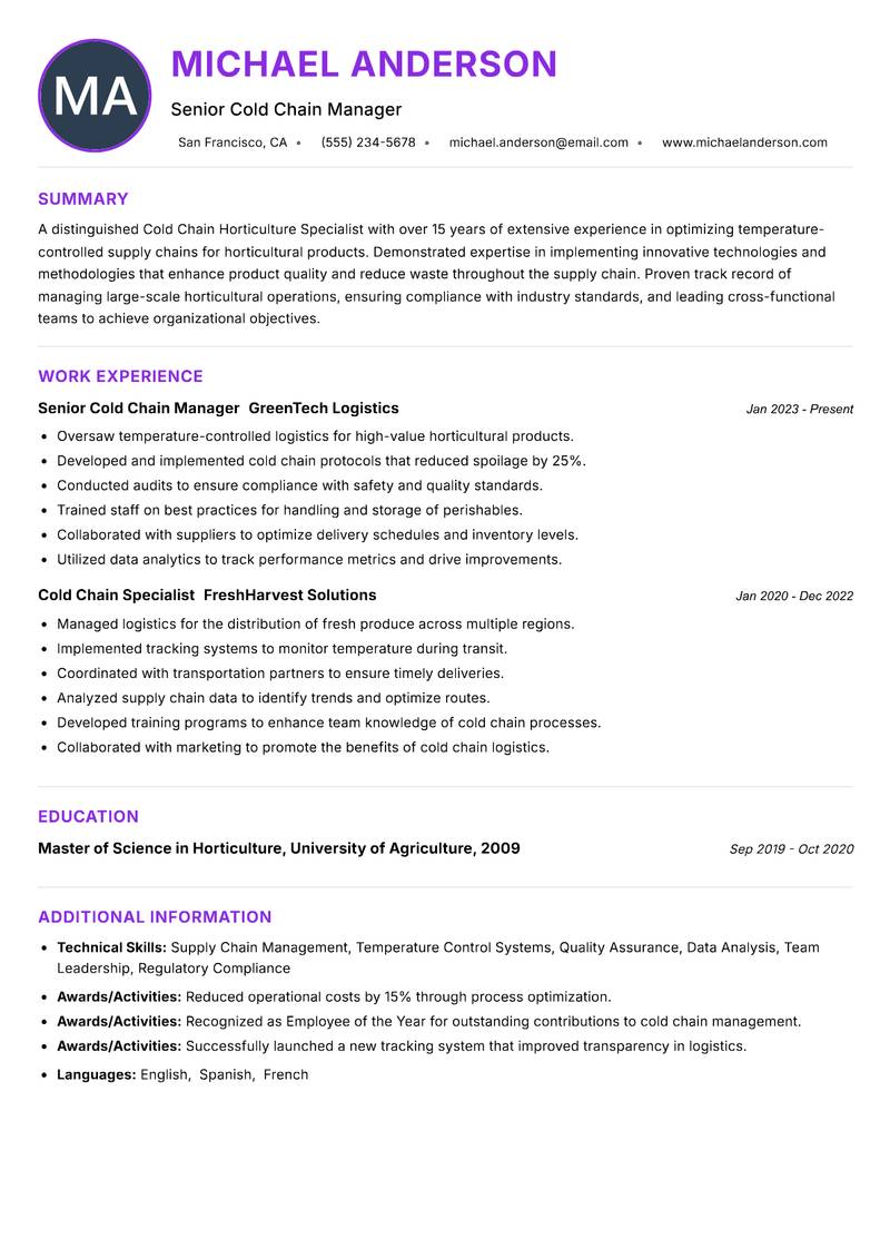 Cold Chain Horticulture Specialist resume example