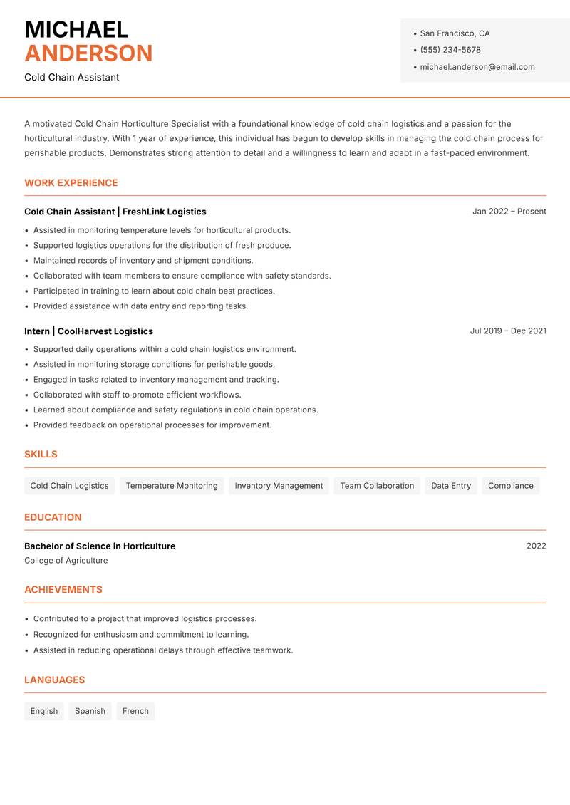 Cold Chain Horticulture Specialist resume sample — Cold Chain Assistant focus