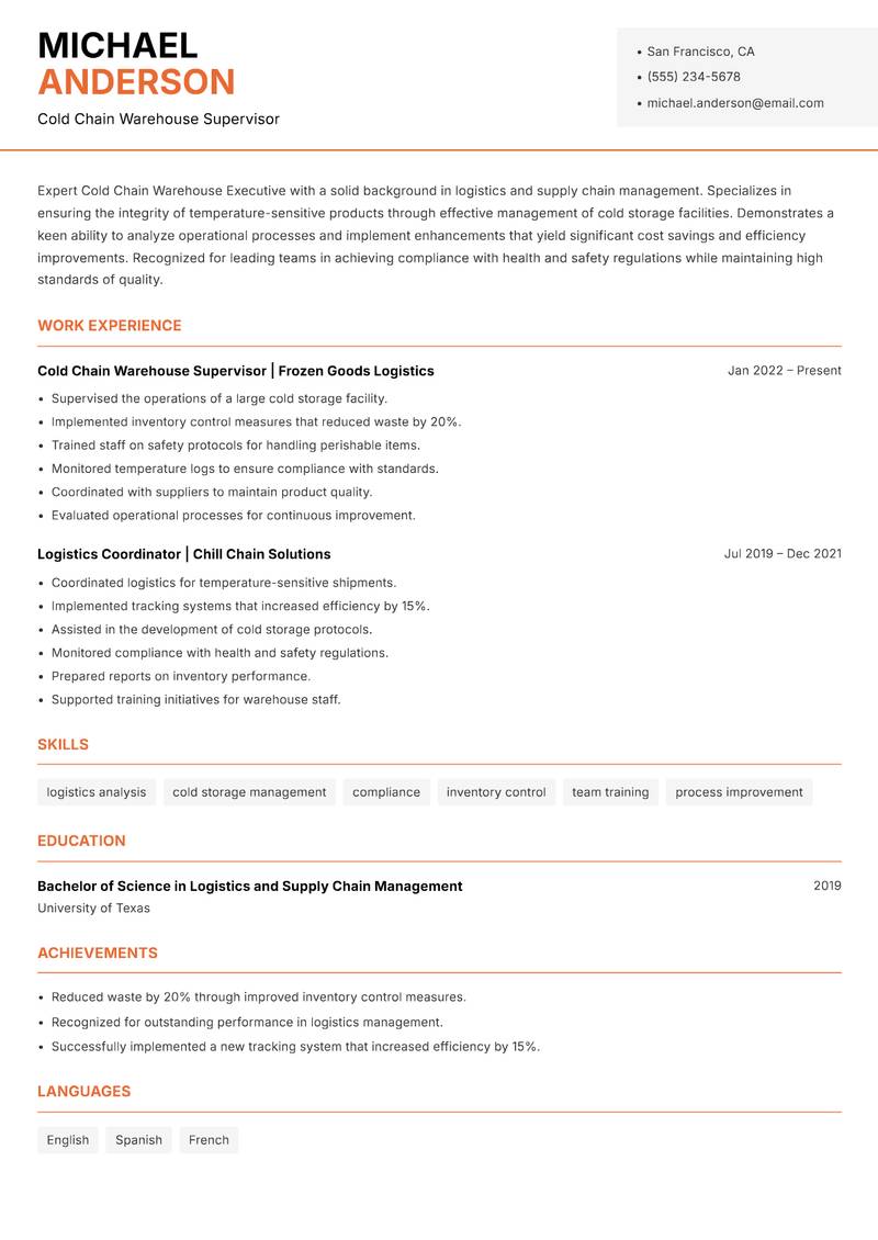 Cold Chain Warehouse Executive resume sample — Cold Chain Warehouse Supervisor focus
