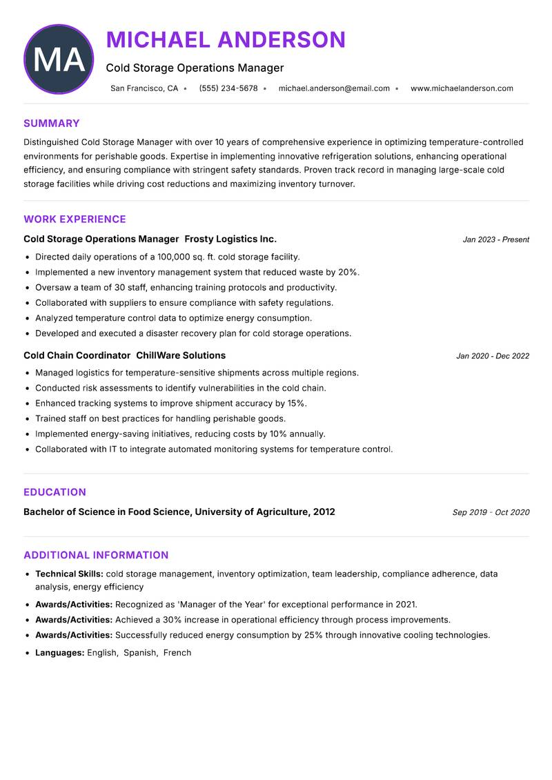 Cold Storage Manager resume example