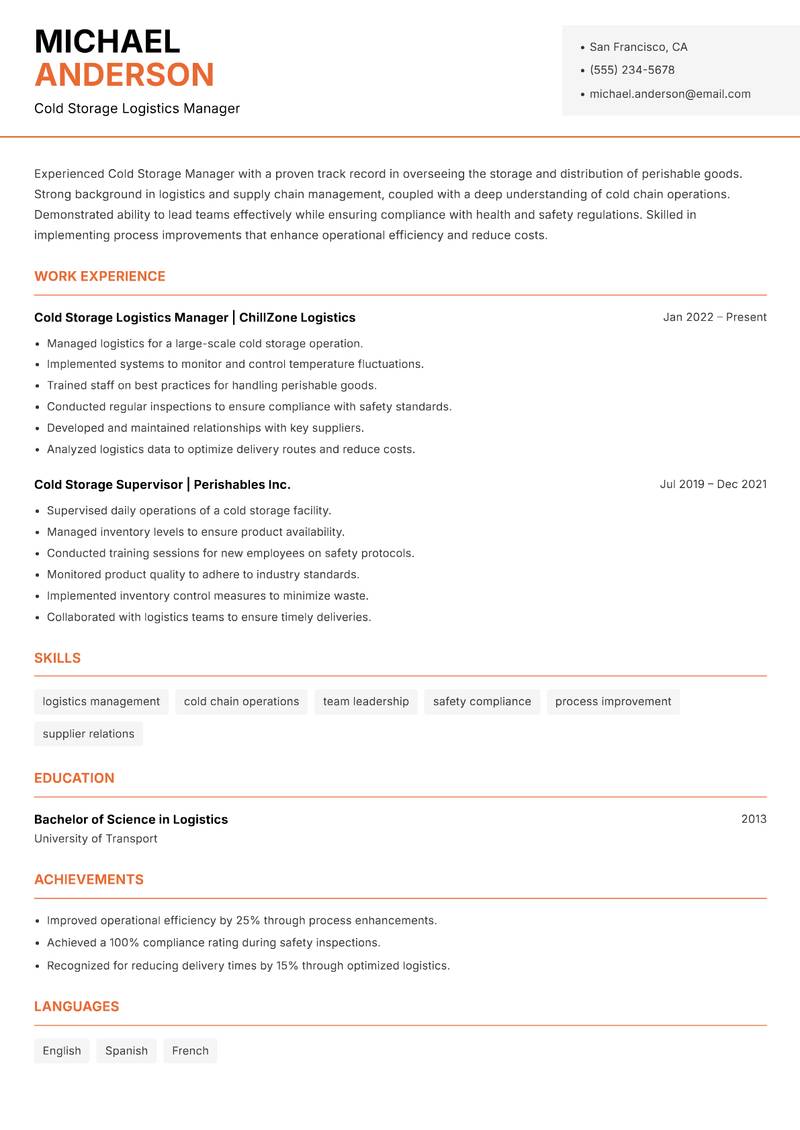Cold Storage Manager resume sample — Cold Storage Logistics Manager focus