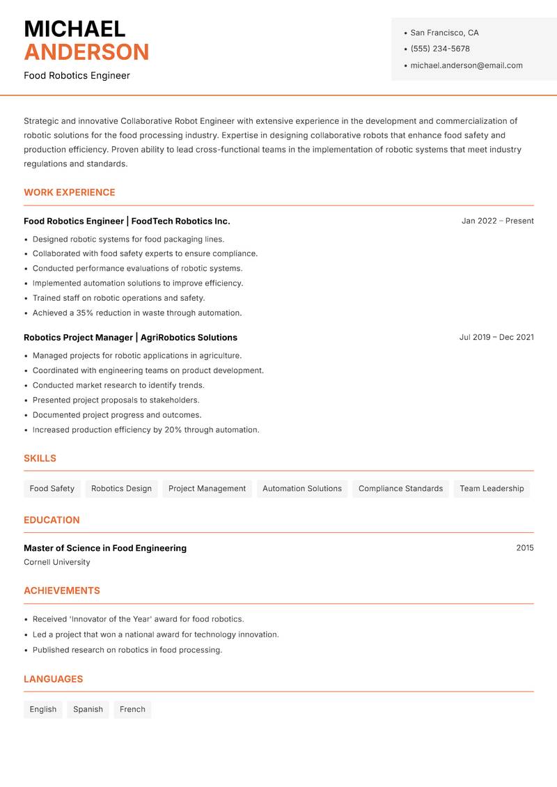 Collaborative Robot Engineer resume sample — Food Robotics Engineer focus