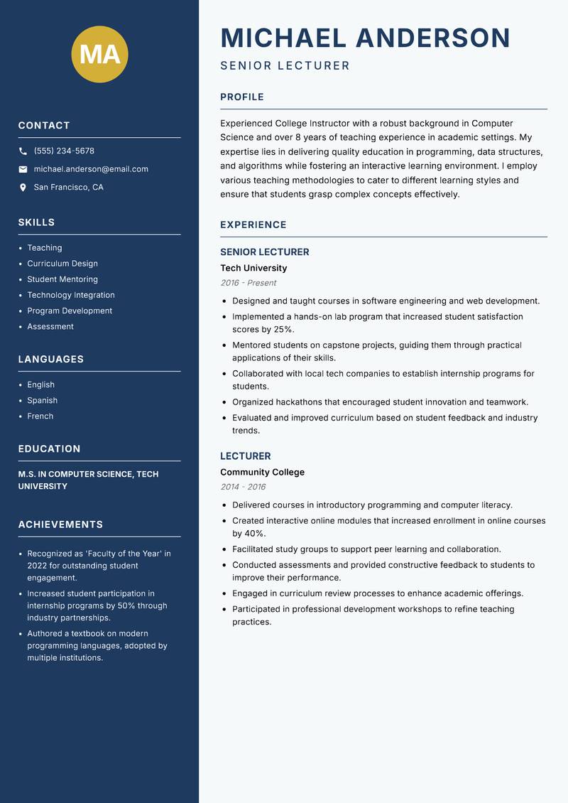 College Instructor resume sample — Senior Lecturer focus