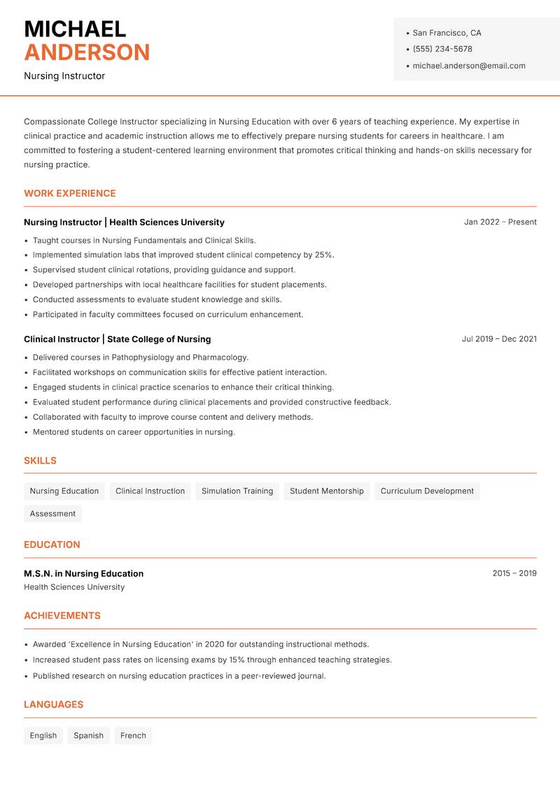 College Instructor resume sample — Nursing Instructor focus