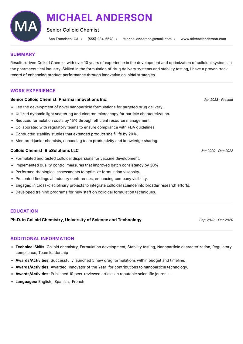 Colloid Chemist resume example