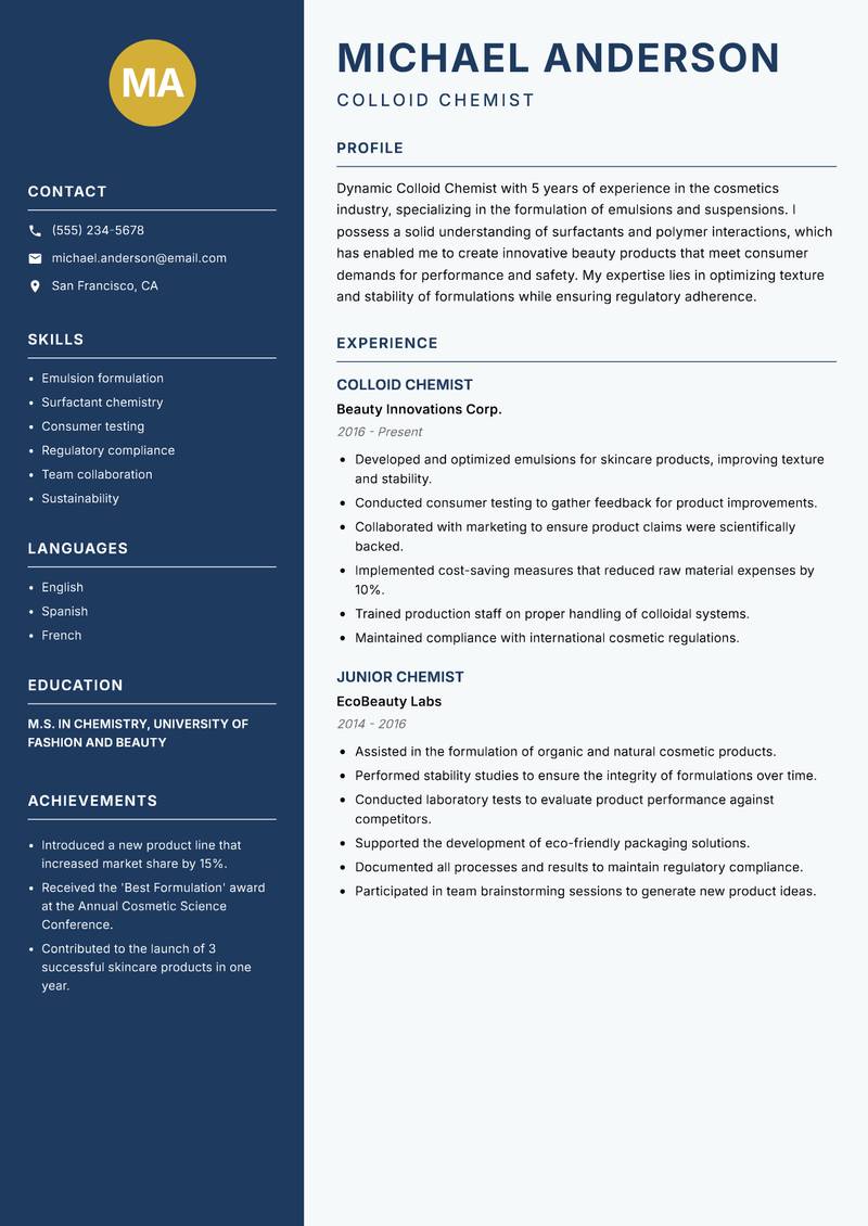 Colloid Chemist resume sample — Colloid Chemist focus