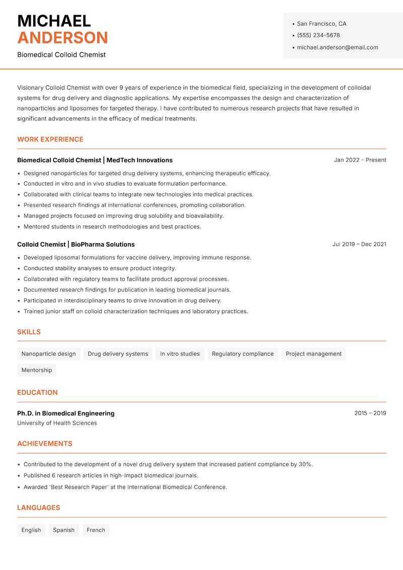 Colloid Chemist resume sample — Biomedical Colloid Chemist focus
