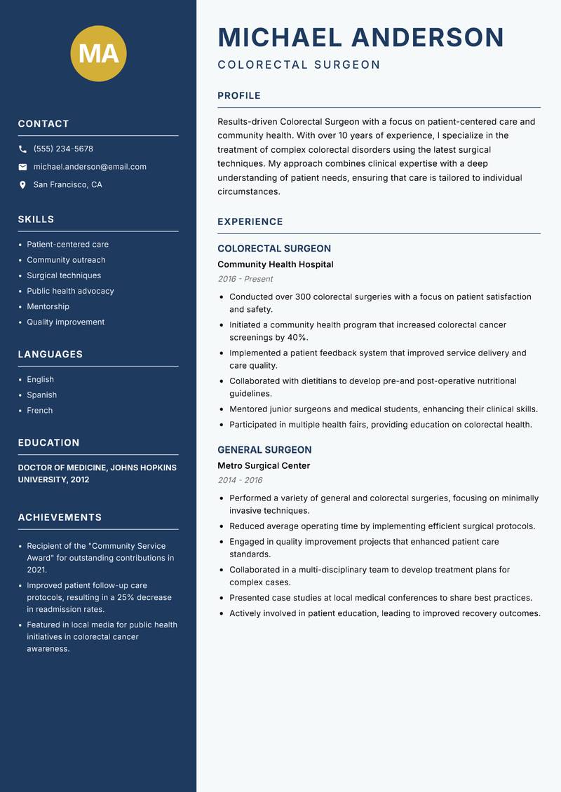 Colorectal Surgeon resume sample — Colorectal Surgeon focus