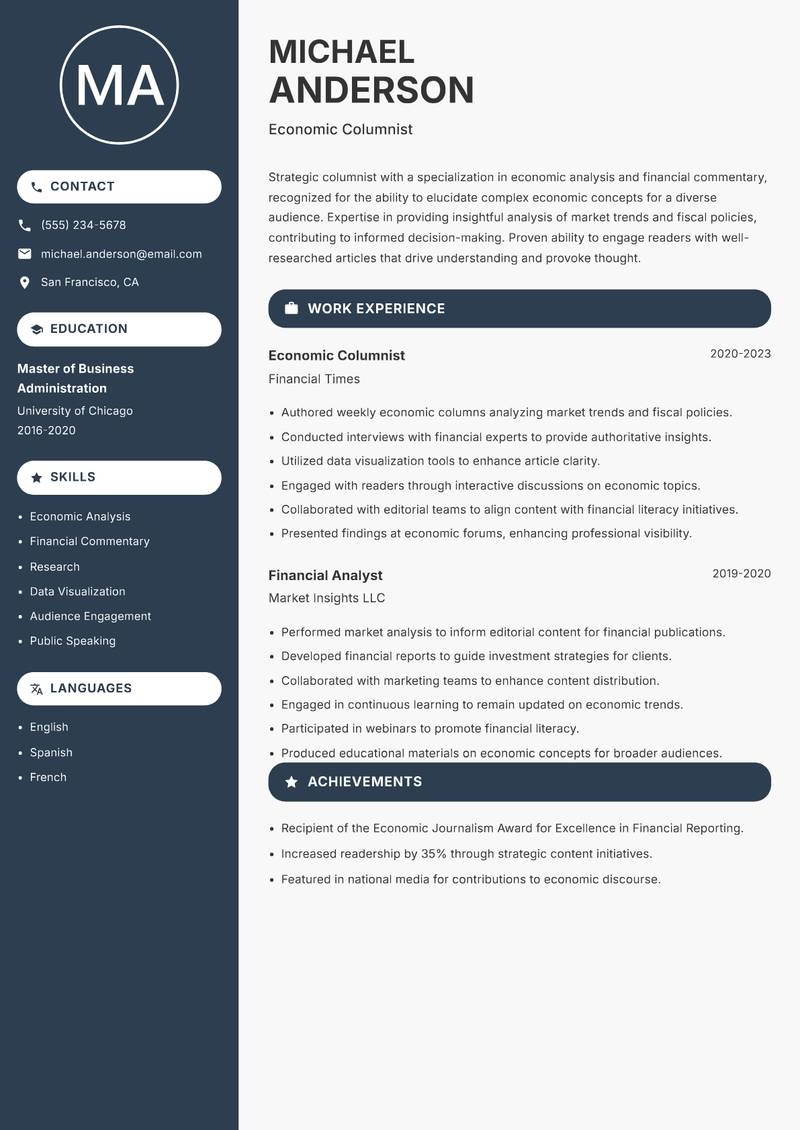 Columnist resume sample — Economic Columnist focus