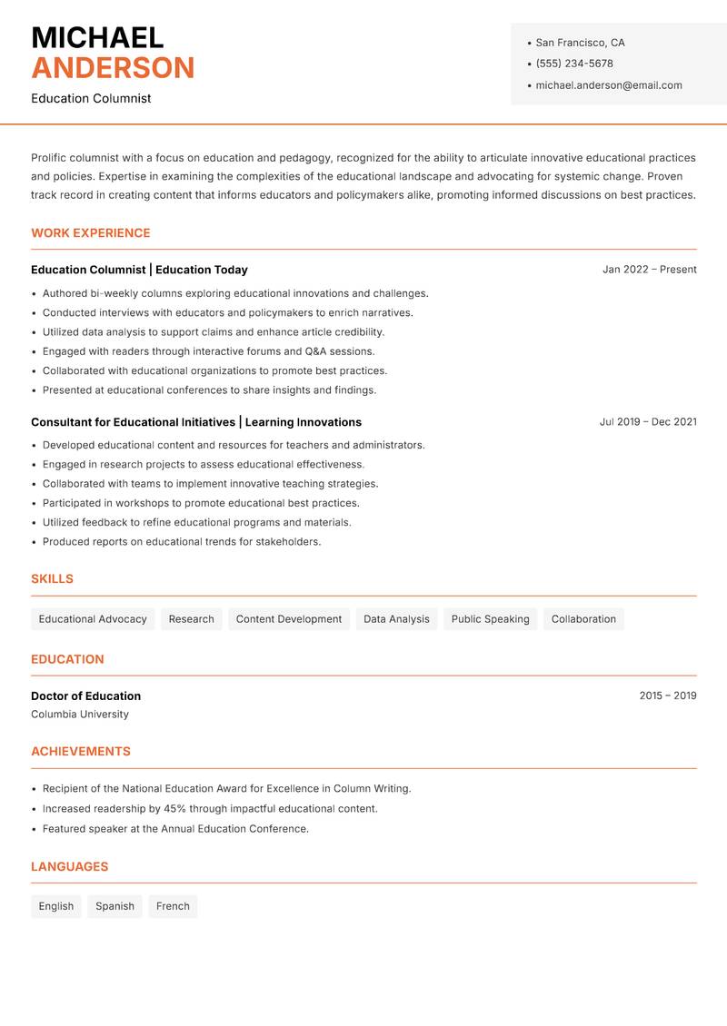 Columnist resume sample — Education Columnist focus
