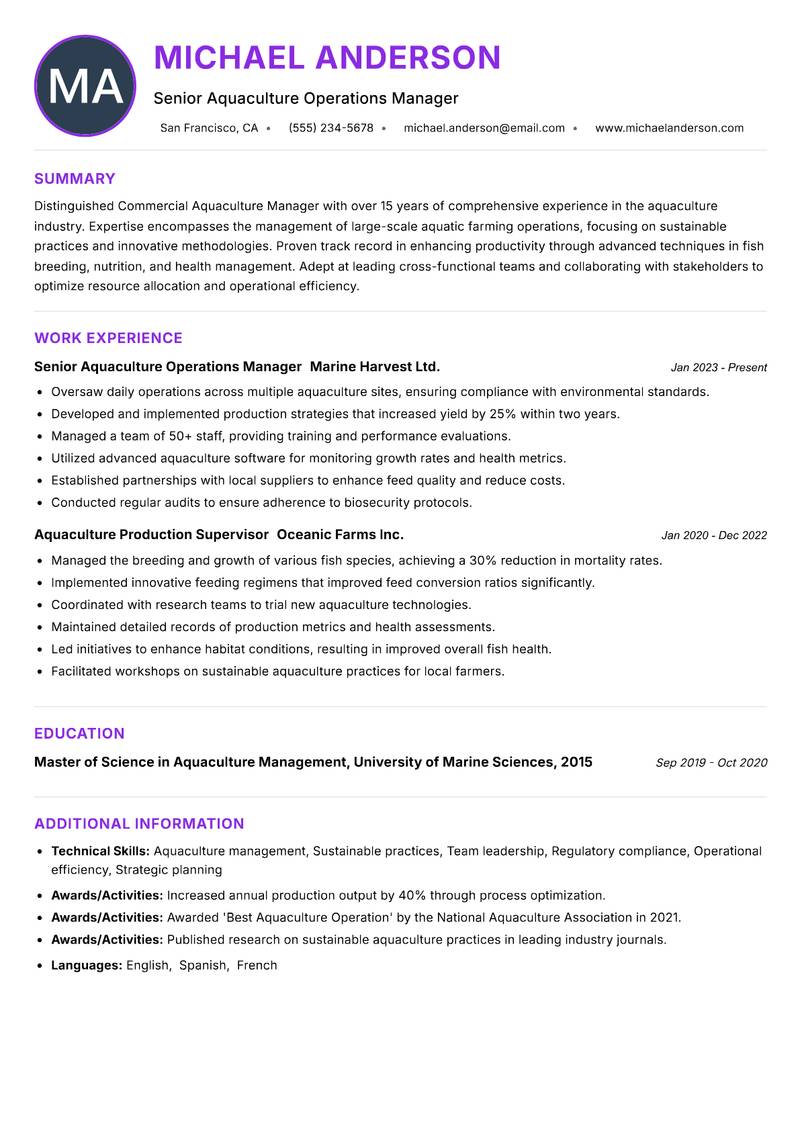 Commercial Aquaculture Manager resume example