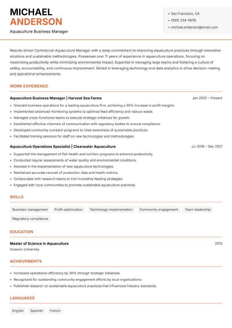 Commercial Aquaculture Manager resume sample — Aquaculture Business Manager focus