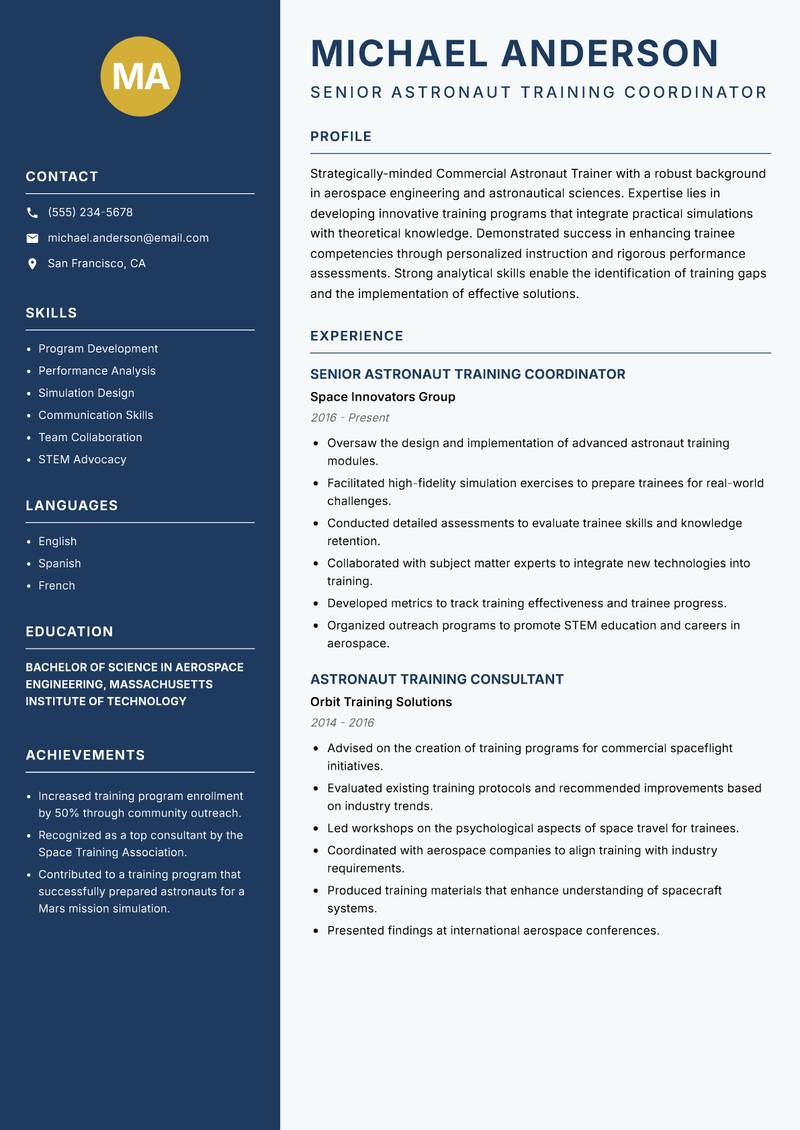 Commercial Astronaut Trainer resume sample — Senior Astronaut Training Coordinator focus