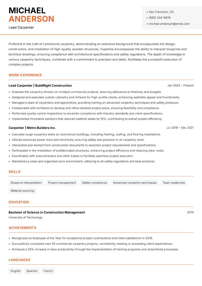 Commercial Carpenter resume sample — Lead Carpenter focus