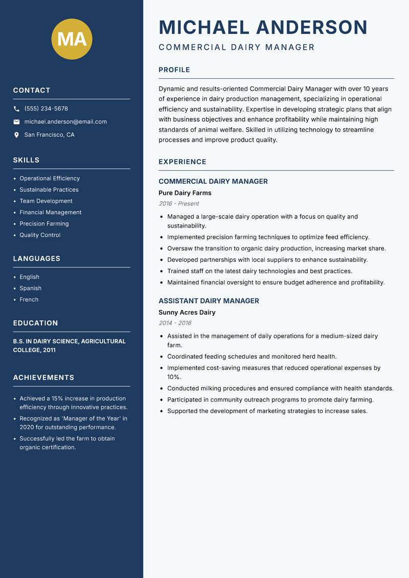 Commercial Dairy Manager resume sample — Commercial Dairy Manager focus