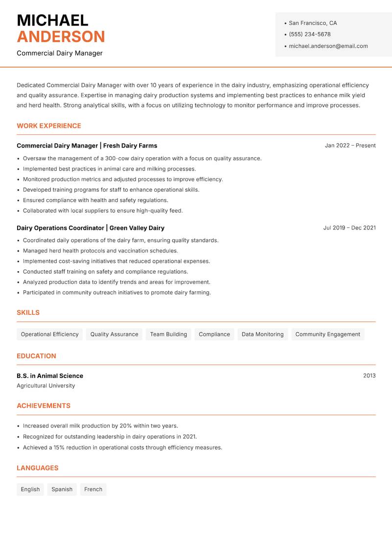 Commercial Dairy Manager resume sample — Commercial Dairy Manager focus