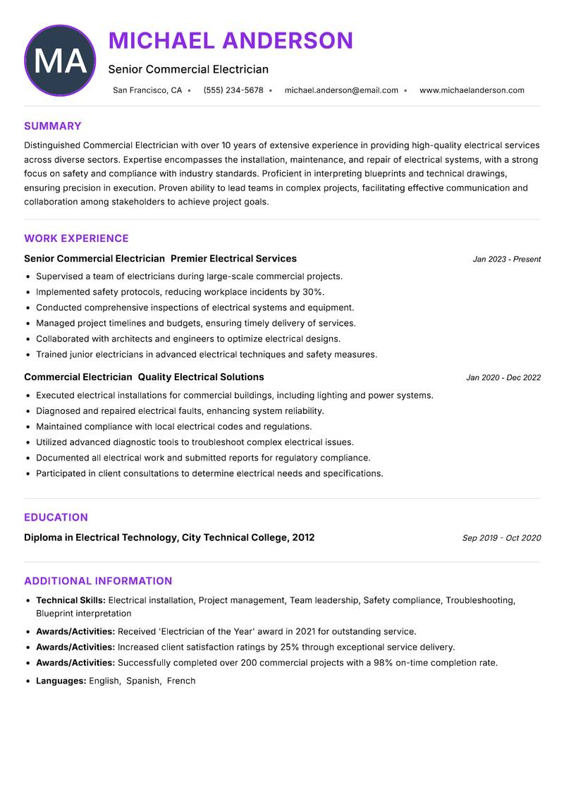 Commercial Electrician resume example