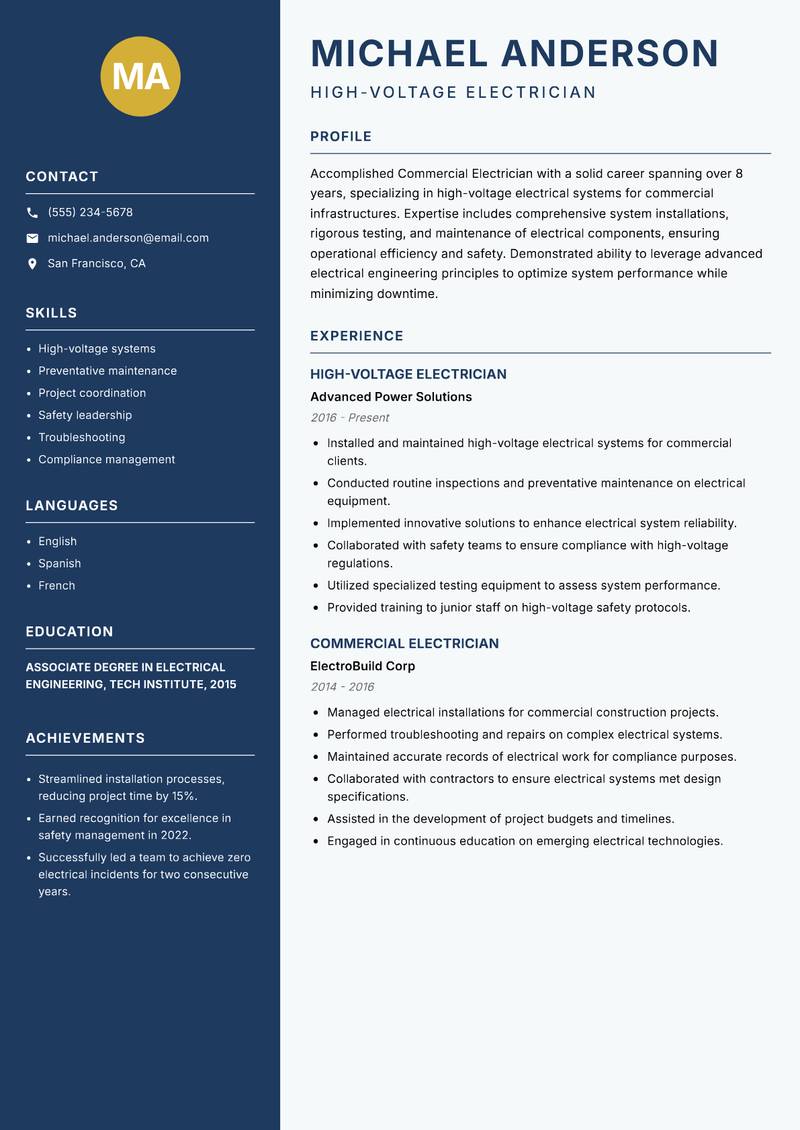 Commercial Electrician resume sample — High-Voltage Electrician focus