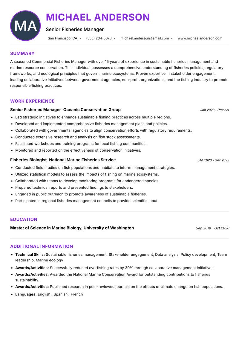 Commercial Fisheries Manager resume example
