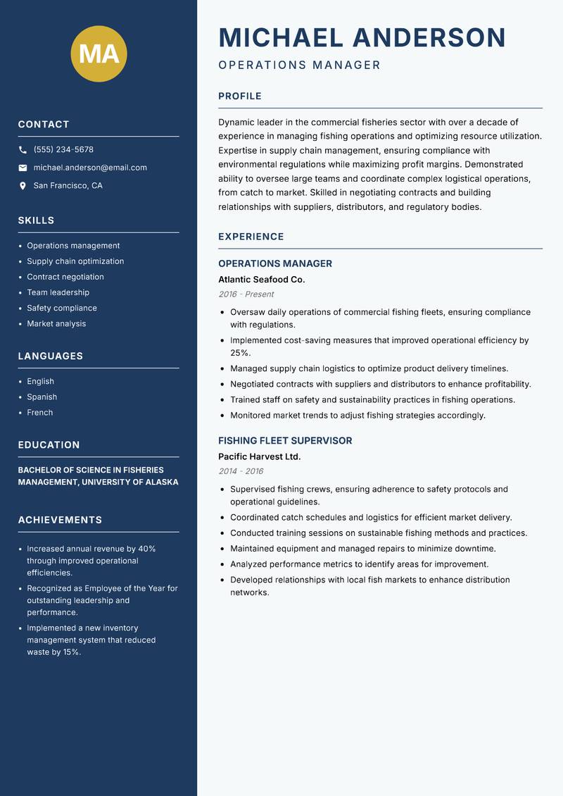 Commercial Fisheries Manager resume sample — Operations Manager focus
