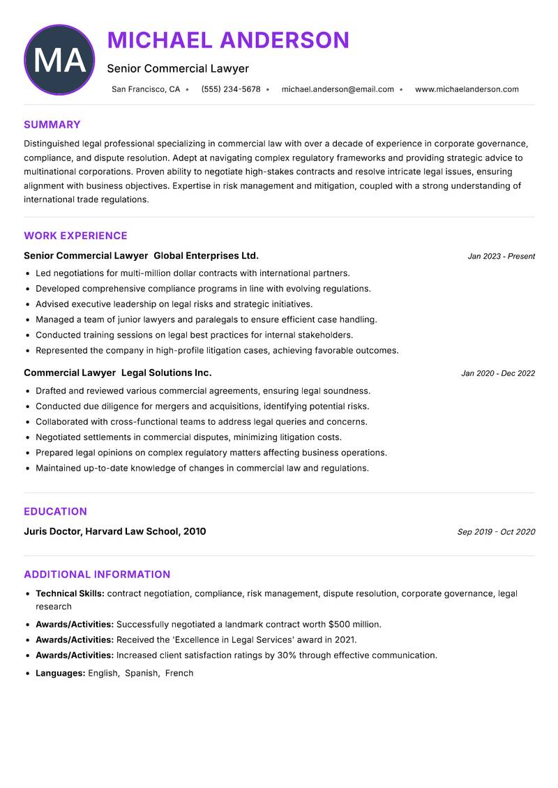 Commercial Lawyer resume example
