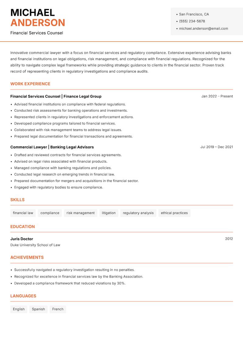 Commercial Lawyer resume sample — Financial Services Counsel focus