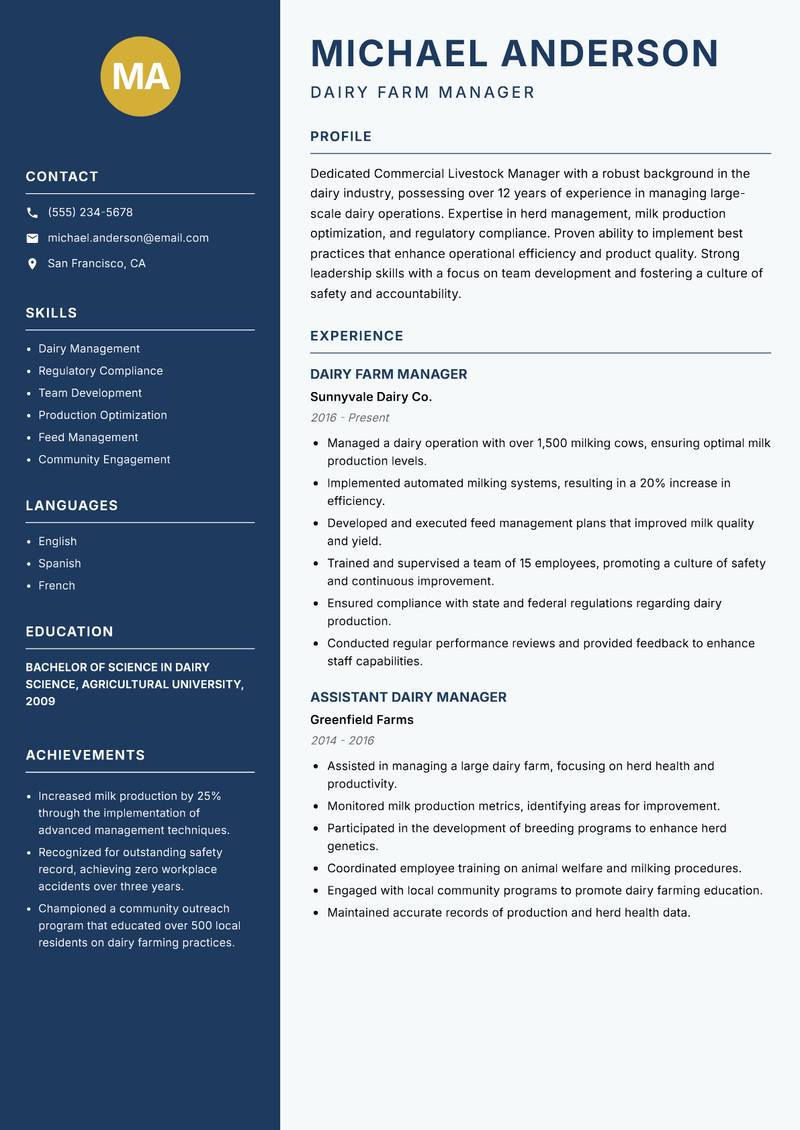 Commercial Livestock Manager resume sample — Dairy Farm Manager focus