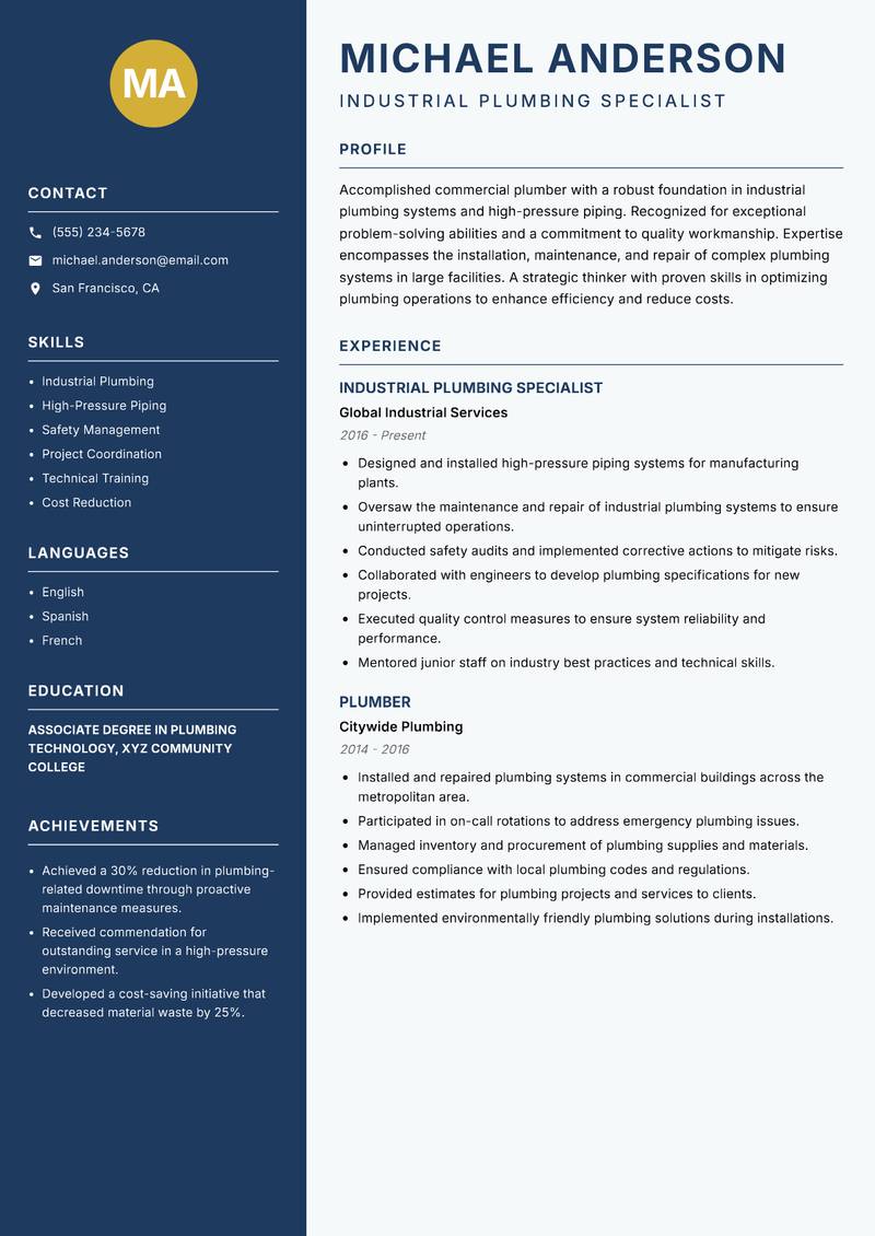 Commercial Plumber resume sample — Industrial Plumbing Specialist focus