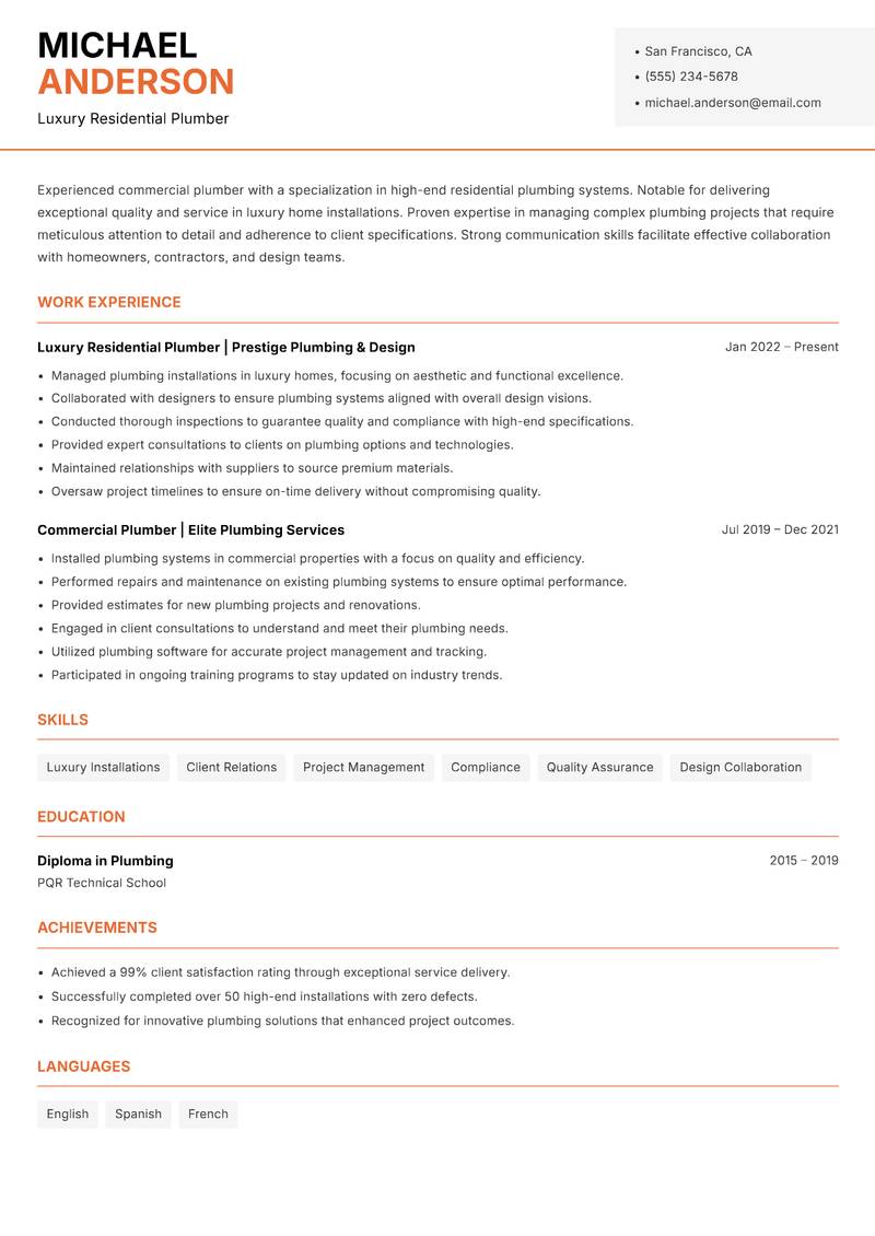 Commercial Plumber resume sample — Luxury Residential Plumber focus
