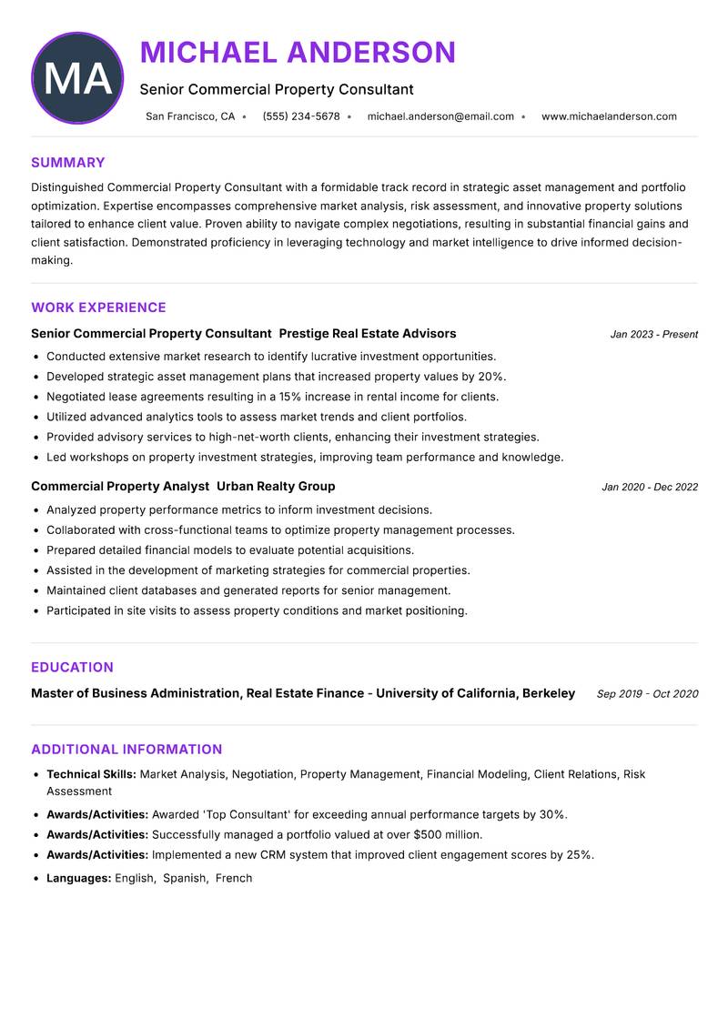 Commercial Property Consultant resume example