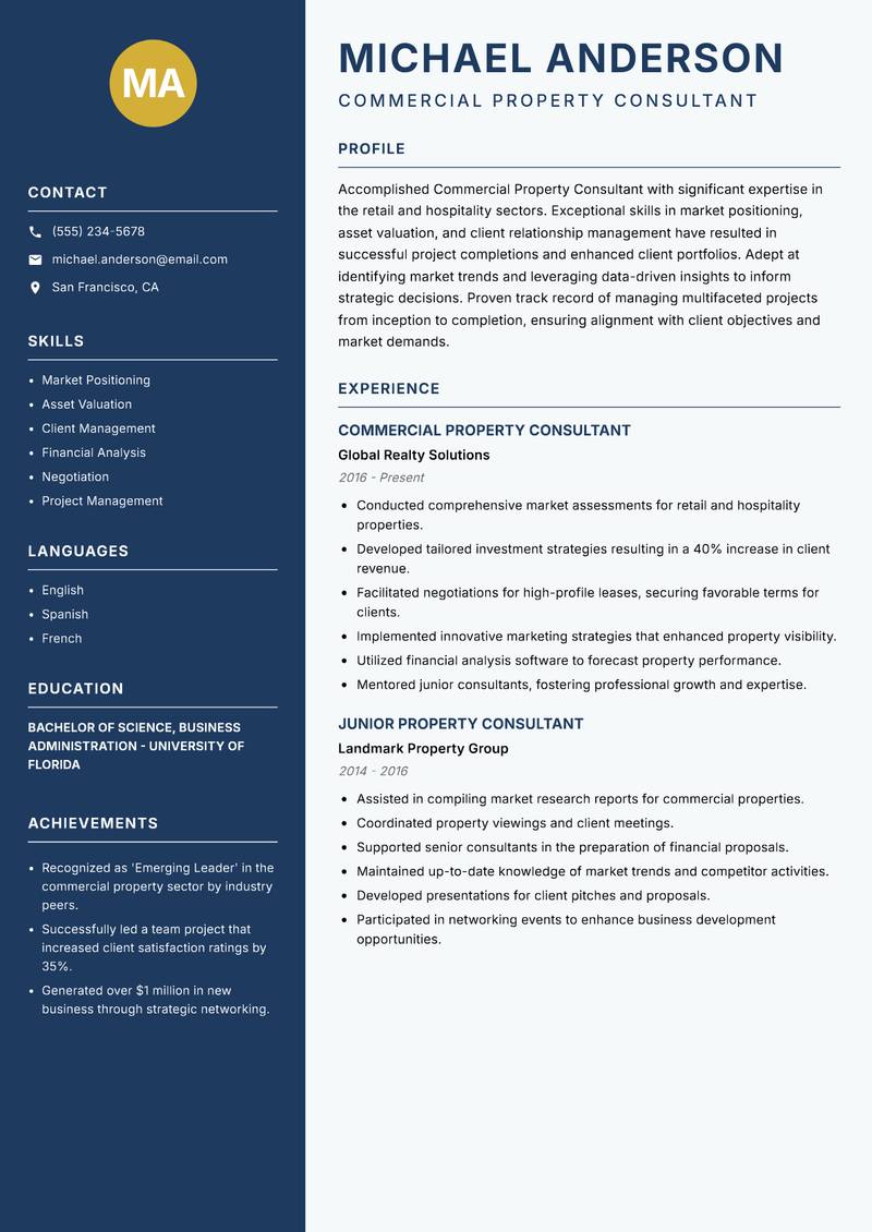 Commercial Property Consultant resume sample — Commercial Property Consultant focus