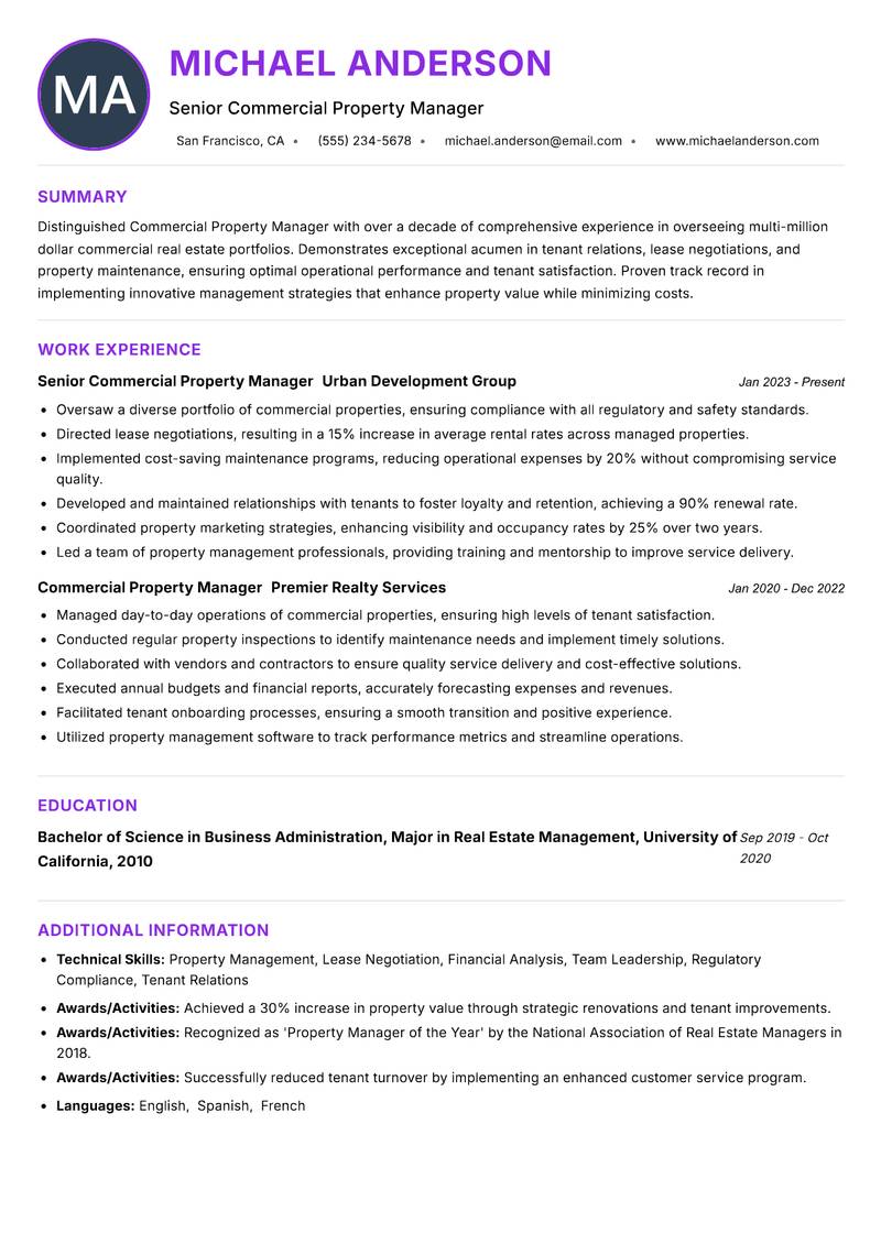 Commercial Property Manager resume example
