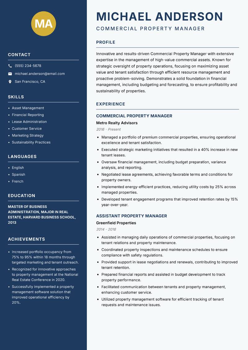 Commercial Property Manager resume sample — Commercial Property Manager focus