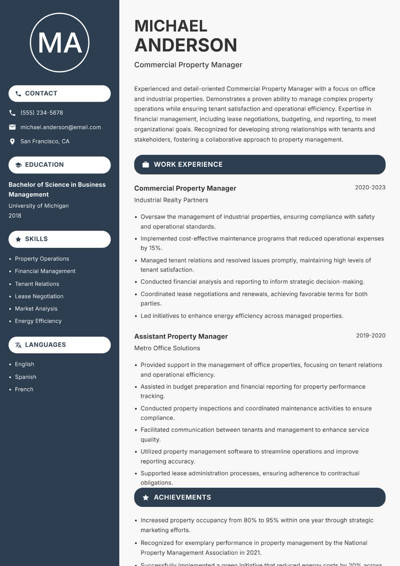 Commercial Property Manager resume sample — Commercial Property Manager focus