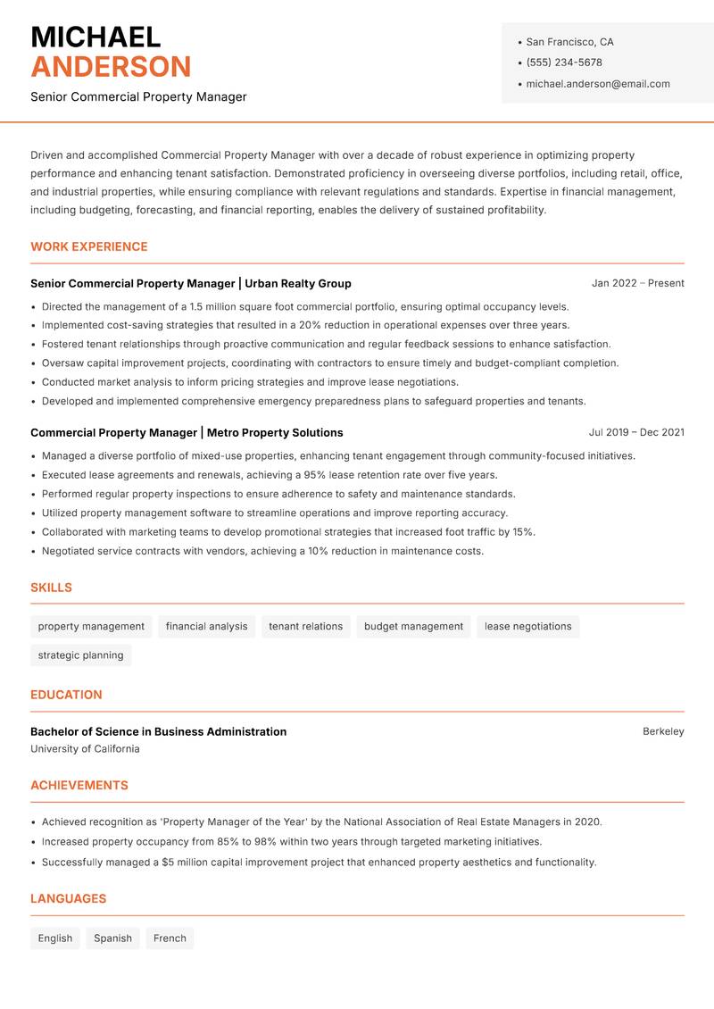 Commercial Property Manager resume sample — Senior Commercial Property Manager focus