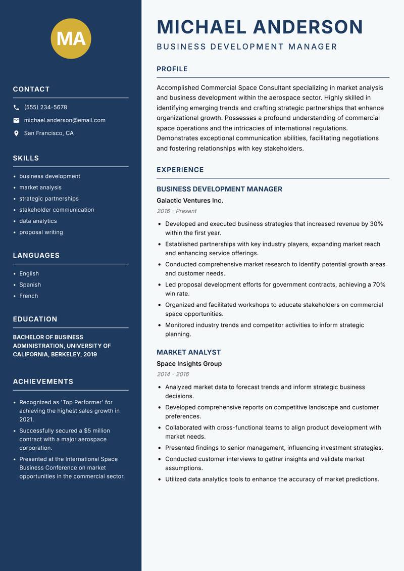 Commercial Space Consultant resume sample — Business Development Manager focus