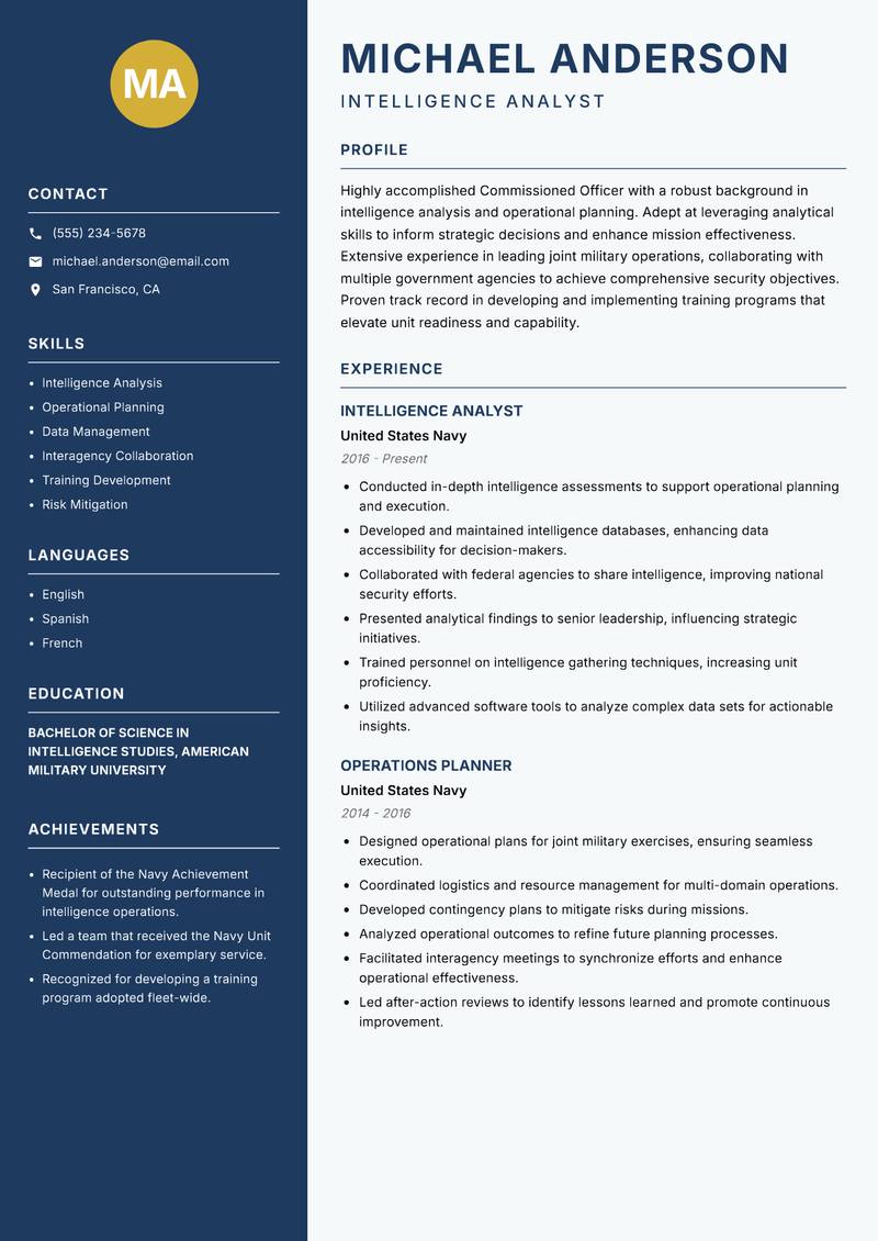 Commissioned Officer resume sample — Intelligence Analyst focus