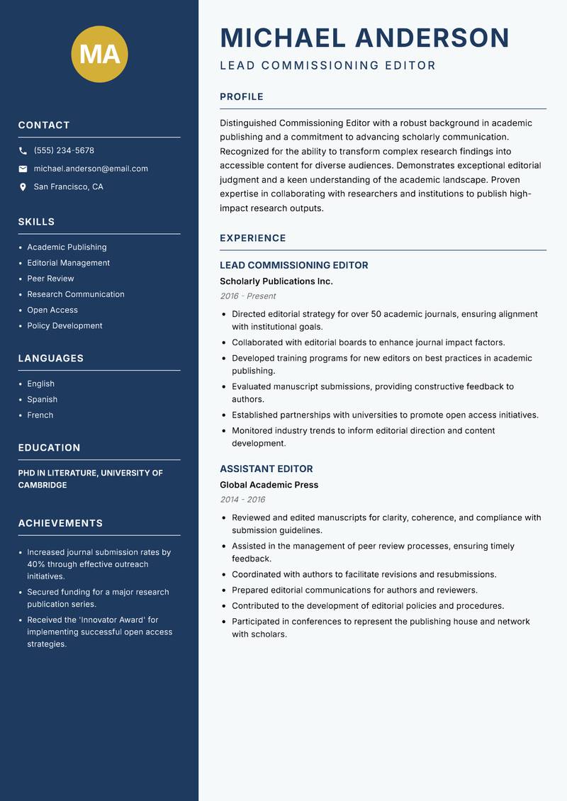 Commissioning Editor resume sample — Lead Commissioning Editor focus