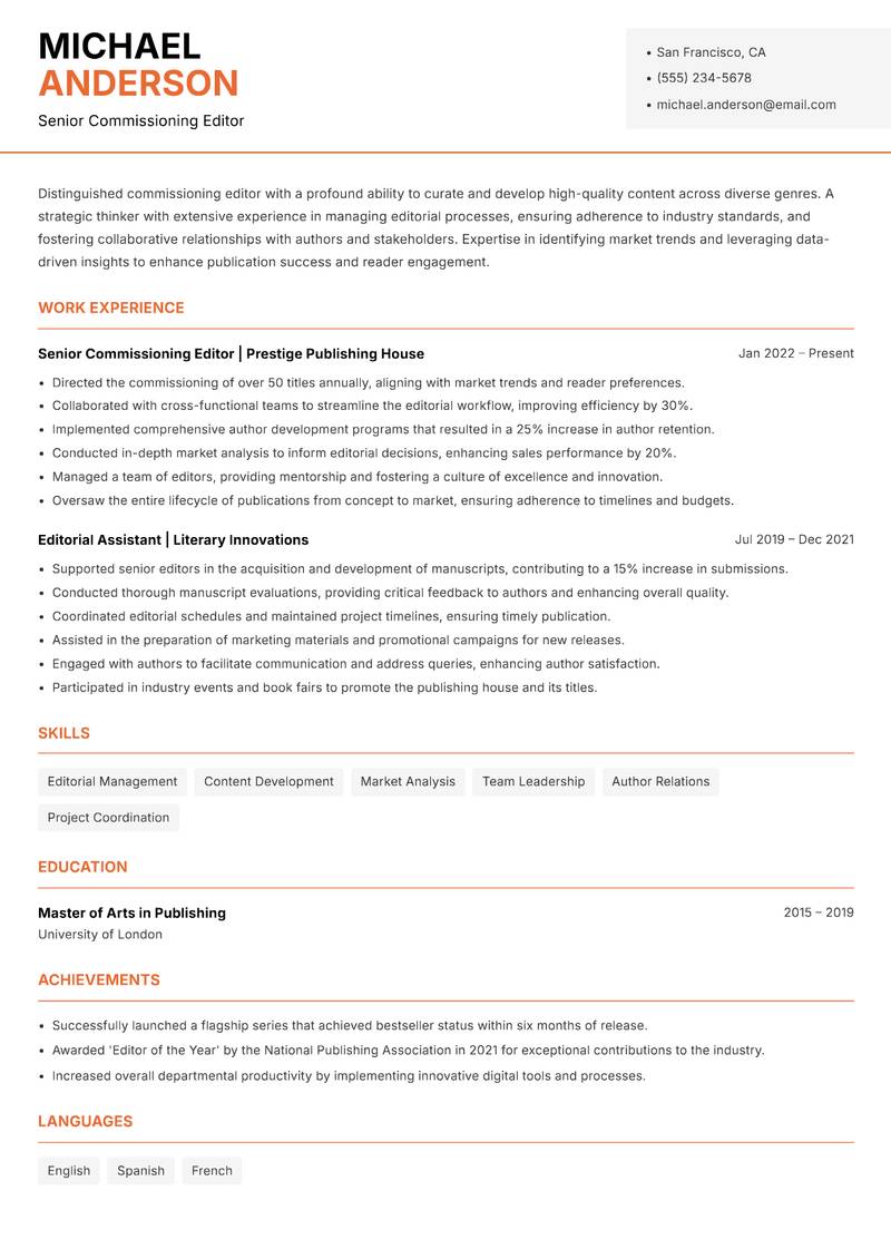 Commissioning Editor resume sample — Senior Commissioning Editor focus