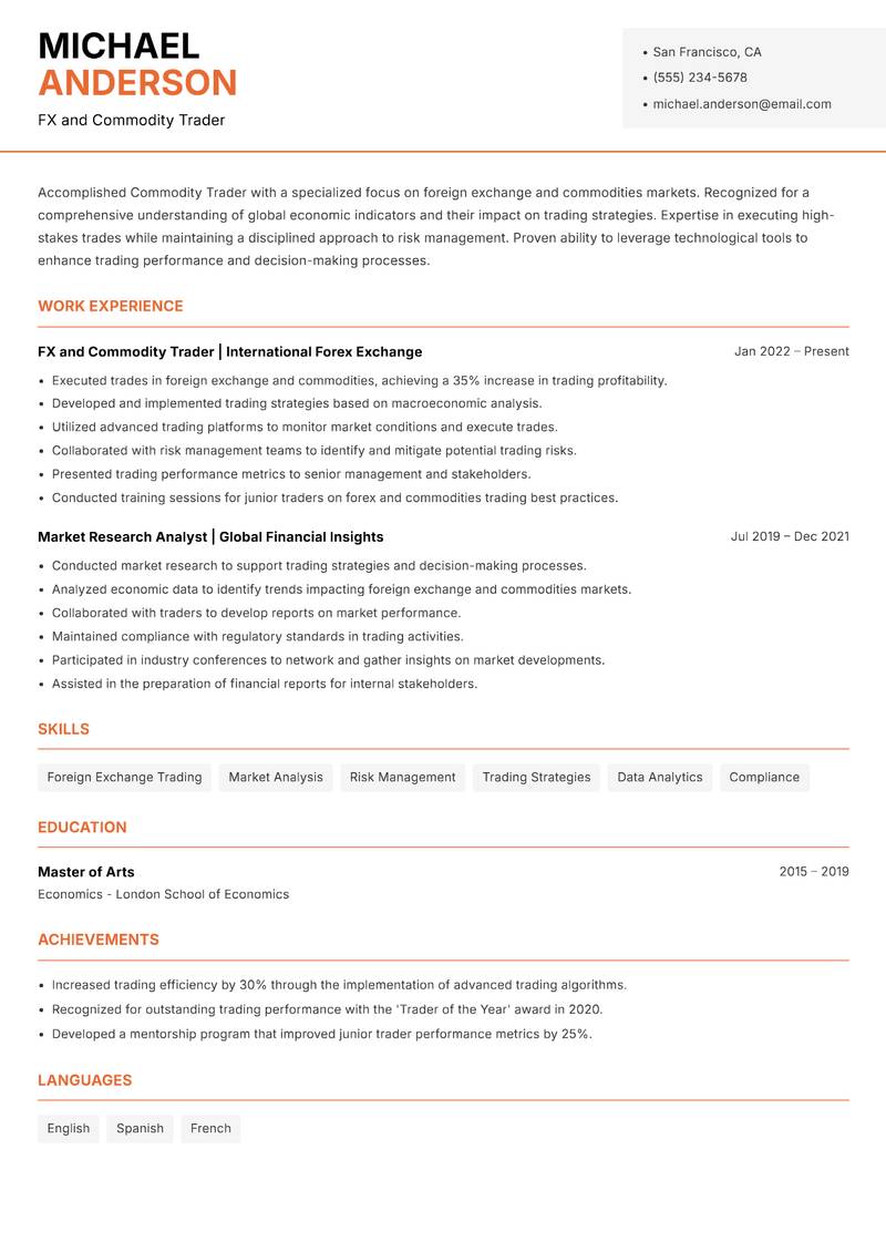 Commodity Trader resume sample — FX and Commodity Trader focus