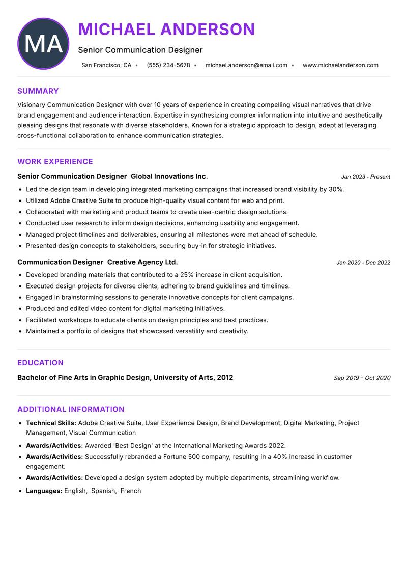 Communication Designer resume example