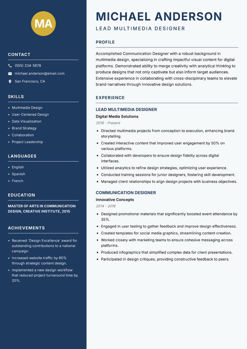 Communication Designer resume sample — Lead Multimedia Designer focus