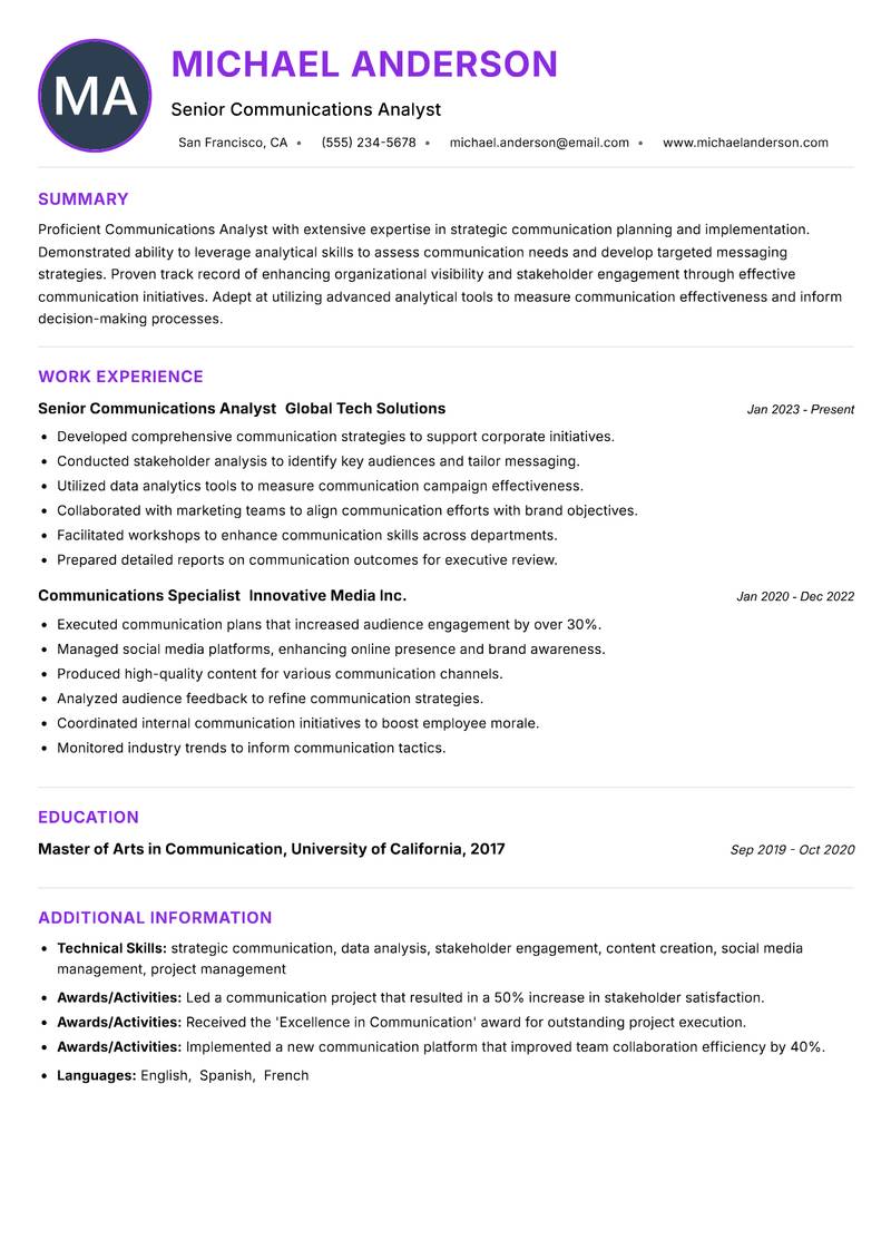Communications Analyst resume example