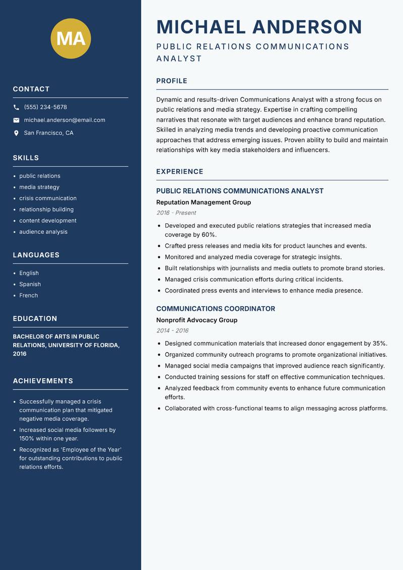 Communications Analyst resume sample — Public Relations Communications Analyst focus