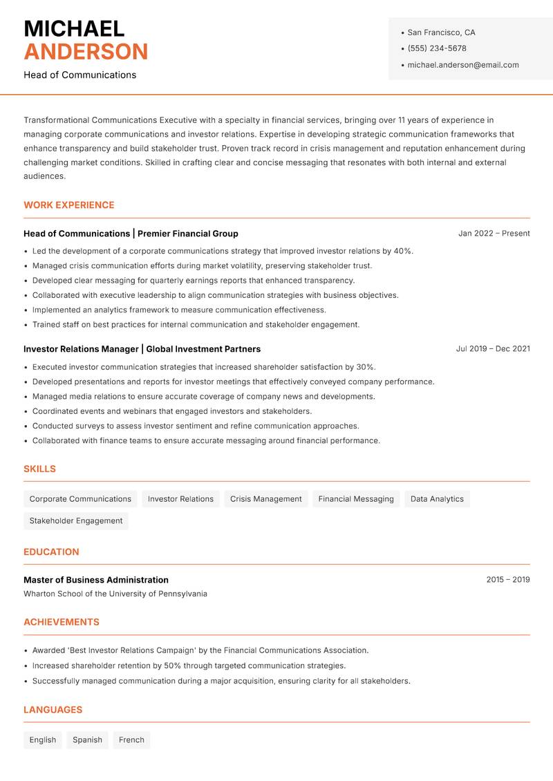 Communications Executive resume sample — Head of Communications focus