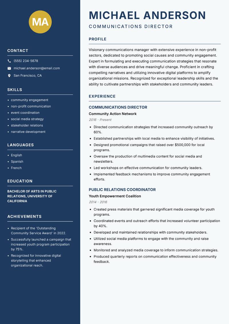 Communications Manager resume sample — Communications Director focus